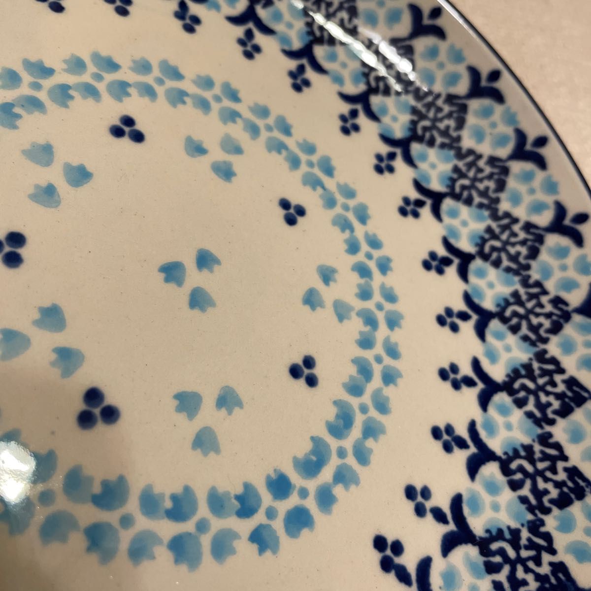 水色と青のポーリッシュポタリーの平皿　ポーランド陶器　中皿　デザート皿　 プレート皿　北欧