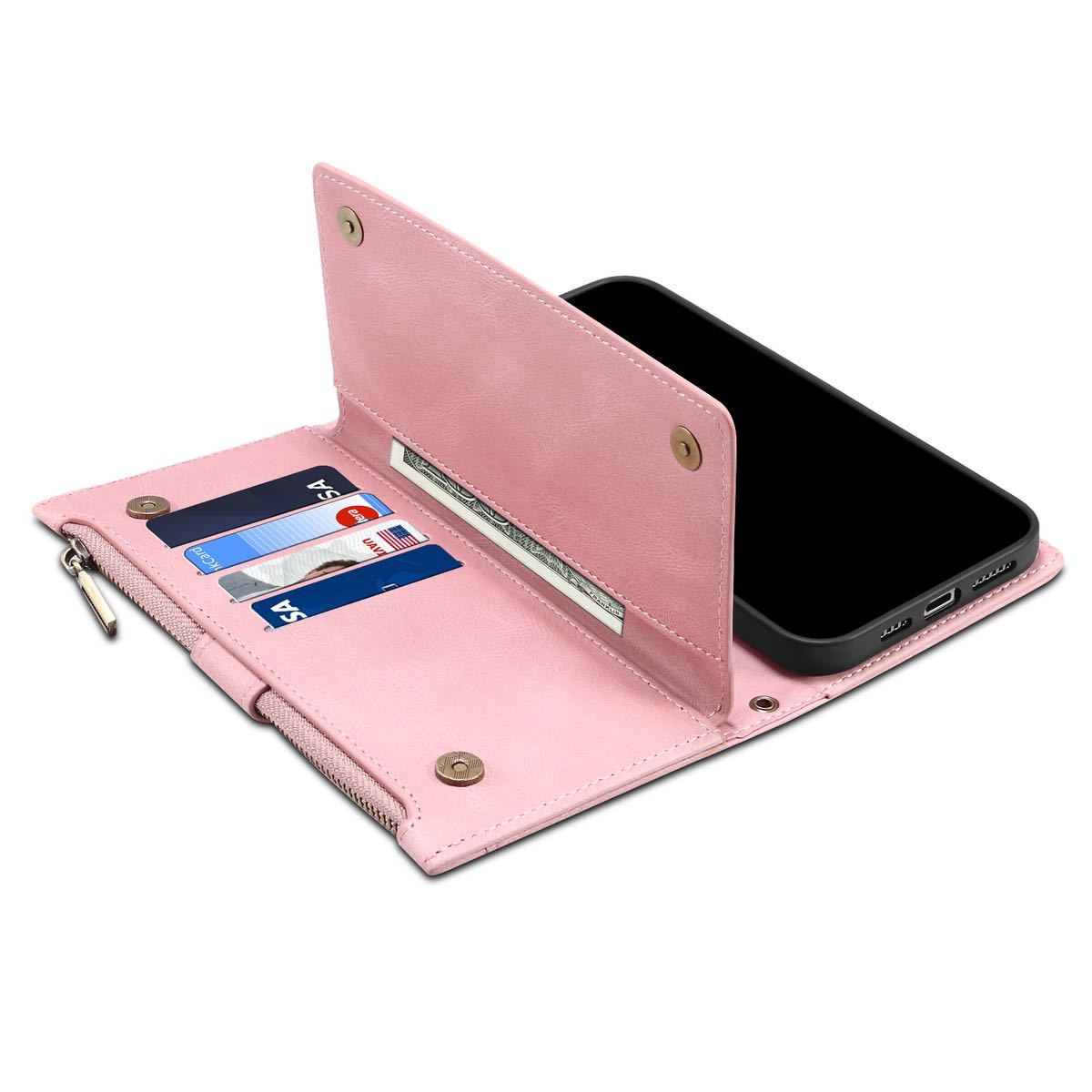 iPhone 14 pro レザーケース アイフォン14 プロ　ケース 6.1インチ iPhone14 pro カバー 手帳型 カード収納 ストラップ付き B1 ピンク