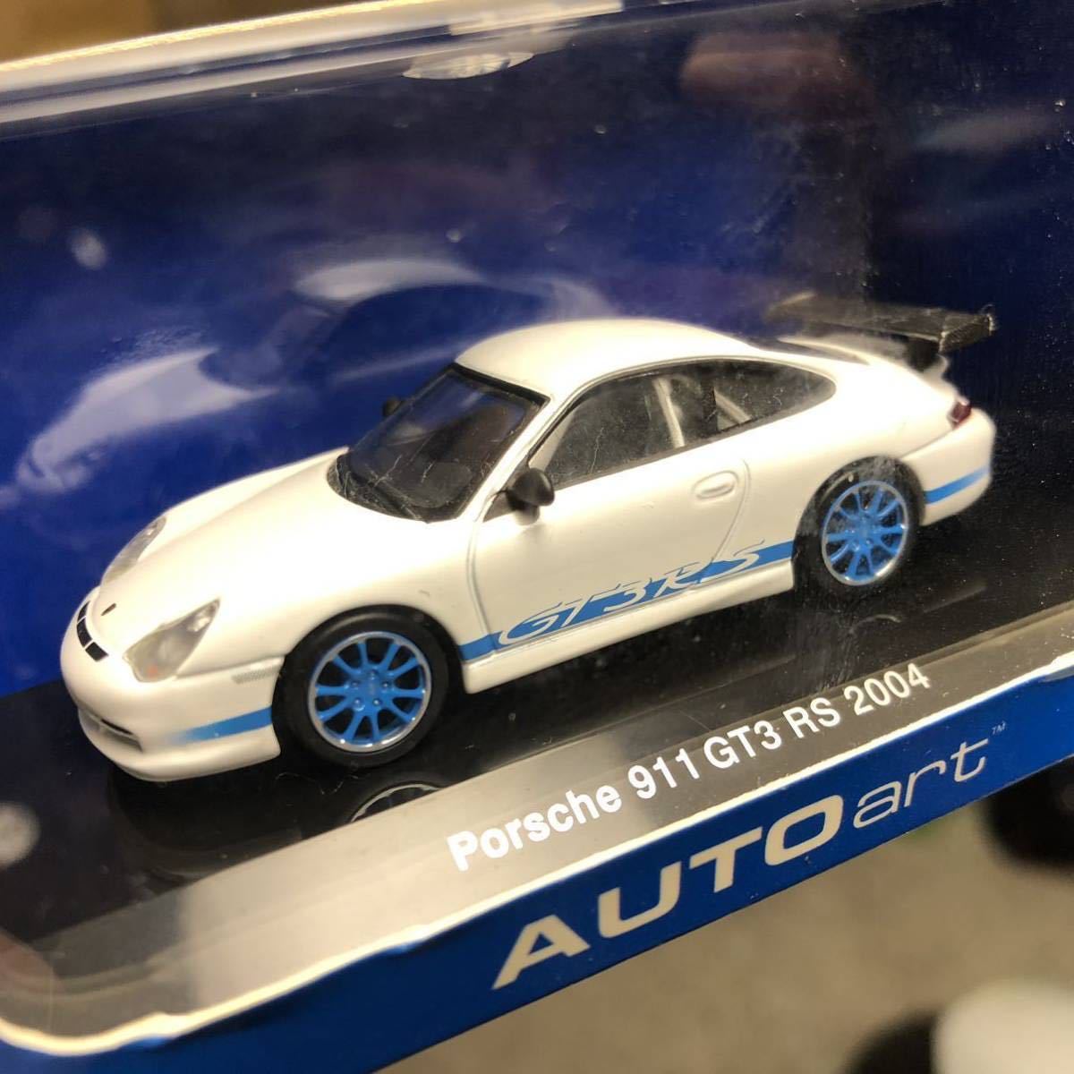 28032オートアートauto art1:64PORSCHEポルシェ911GT3RS白ホワイト2004年モデル996 1/64ブルーストライプwhite blue stripe on two sides