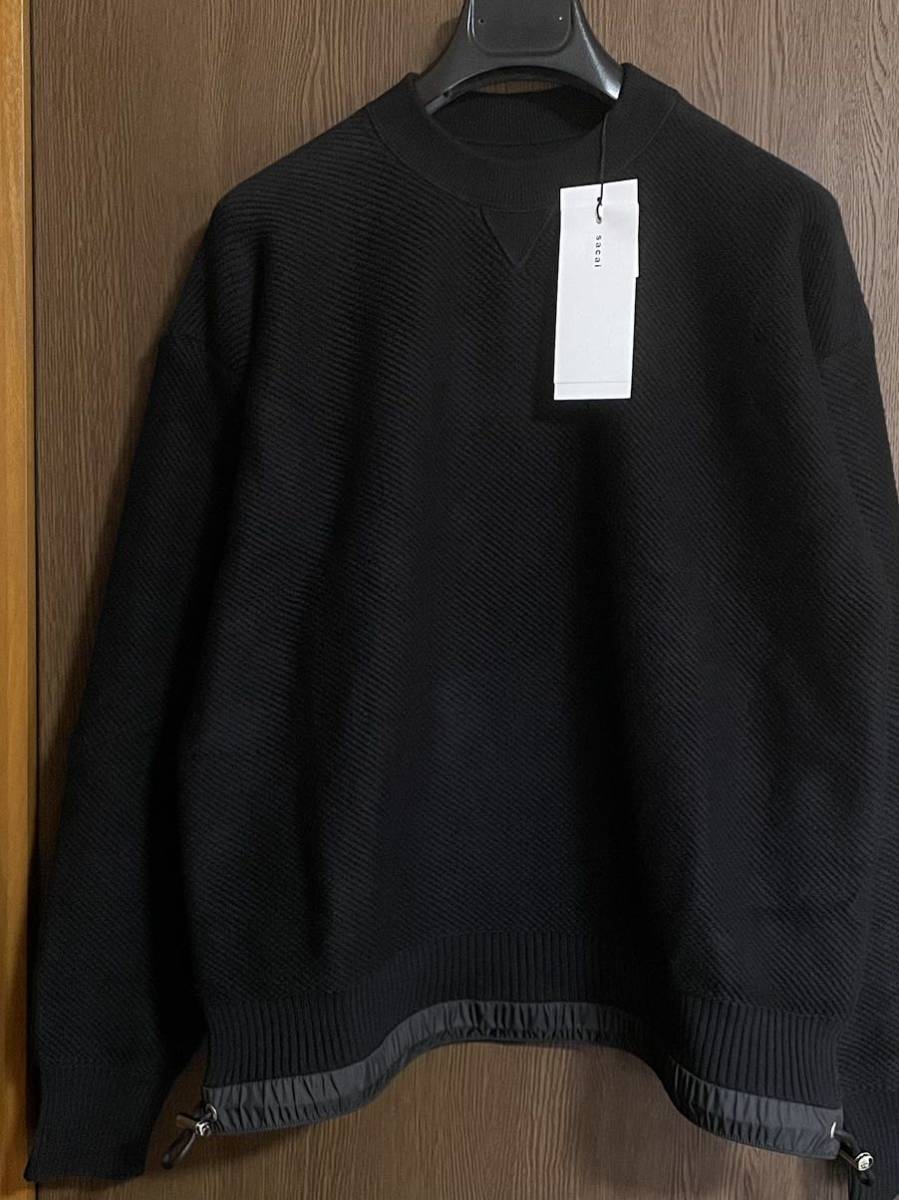 黒1新品 sacai サカイ メンズ スウェット シャツ ドローコード 22SS size 1 S 長袖 コットン ニット セーター ブラック