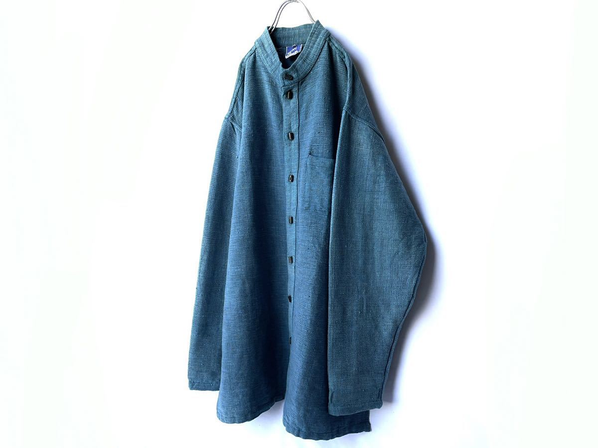 希少 80s90s vintage ノーカラーシャツジャケット カバーオール コート ターコイズ青緑黄オレンジ 古着ビンテージ70s