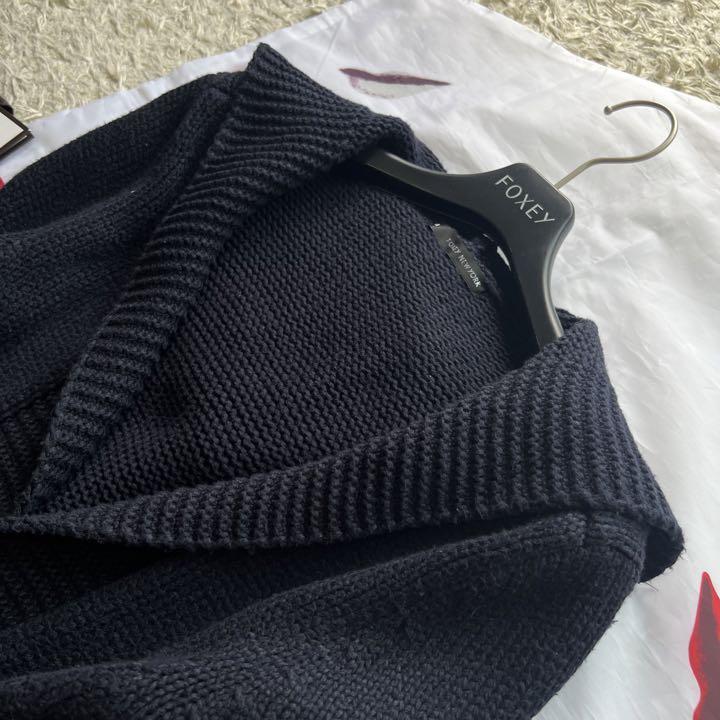 美品】FOXEY NEW YORK ニットコーディガン ネイビー フード 38 ロング