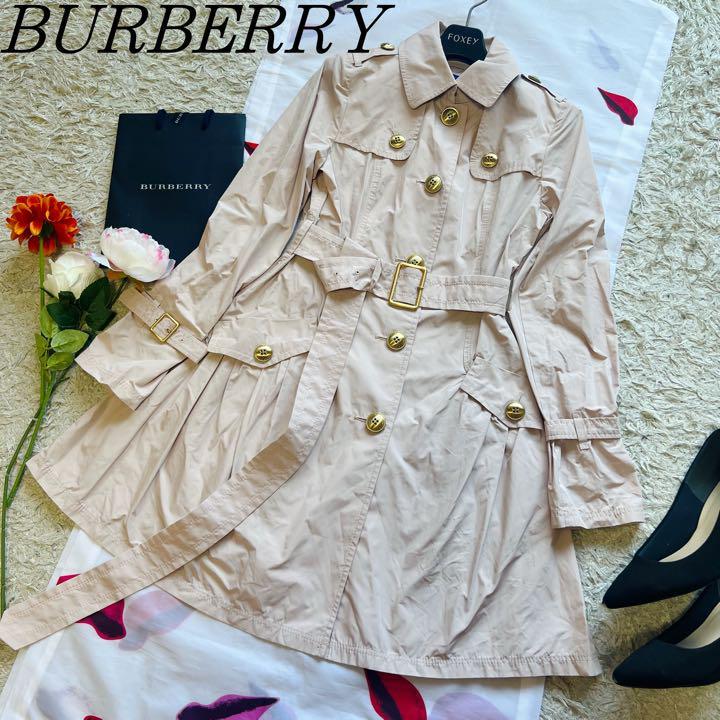 【良品】BURBERRY BLUE LABEL ロングトレンチコート 36 バーバリーブルーレーベル S 襟 ピンクベージュ ベルト