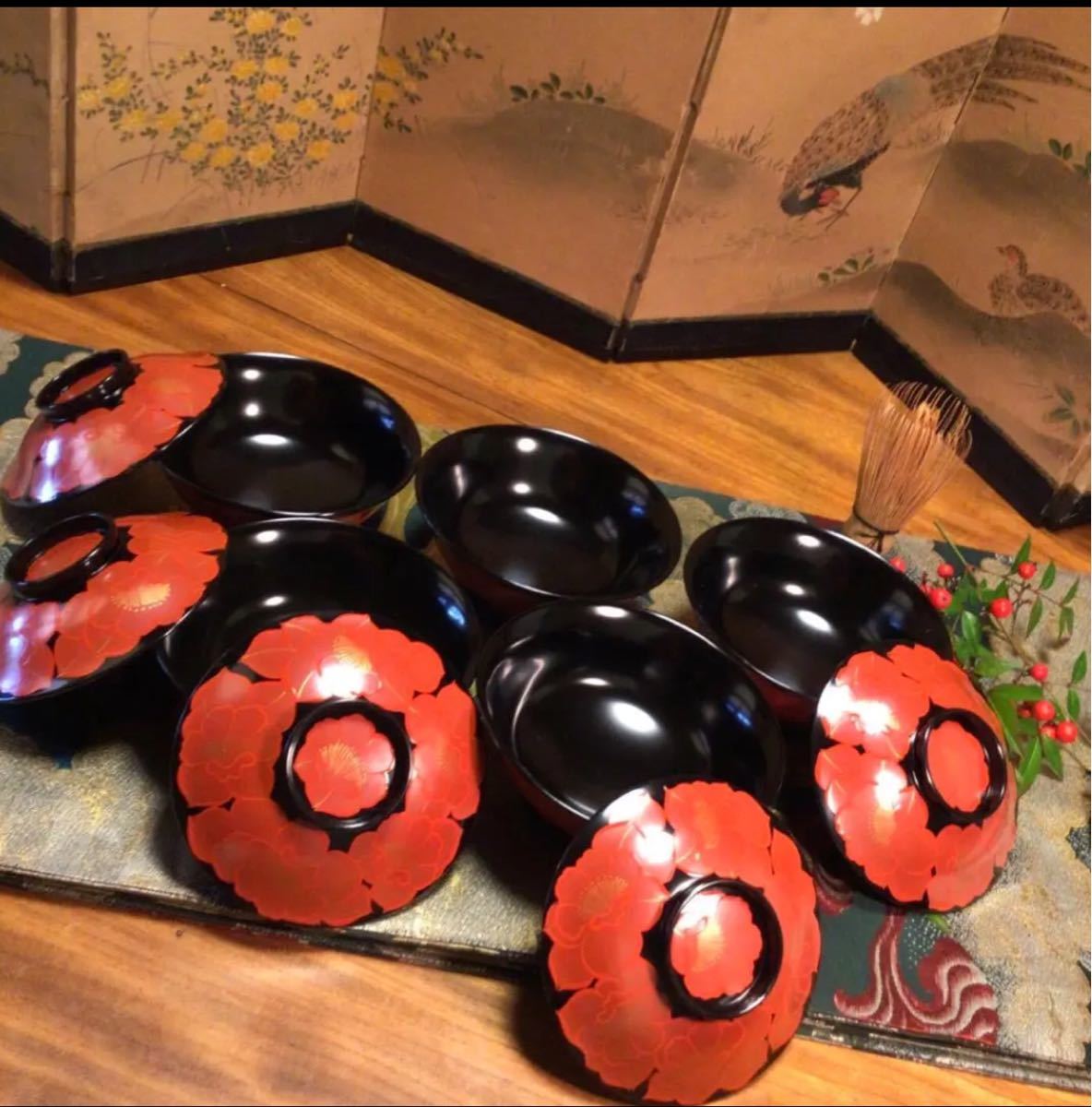格安新品 A677 木製輪島塗 高級黒塗 宝尽紋様蒔絵 吸物椀 煮物椀 5客