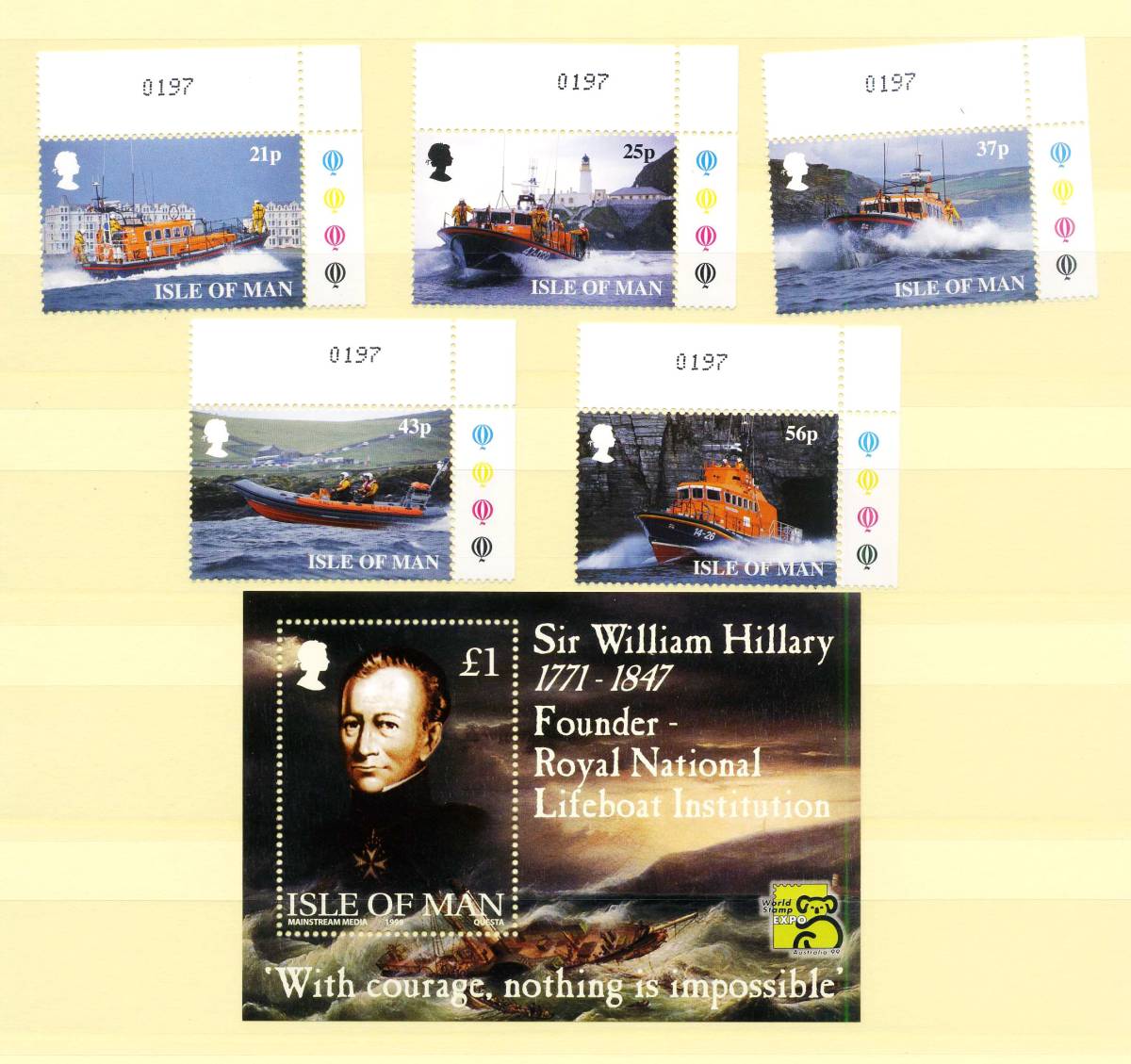 英領 マン島 ISLE of MAN 1999年 救命艇 未使用 MNH 切手 5枚 シート 1枚 綺麗 送料無料 ◆z-194_画像1