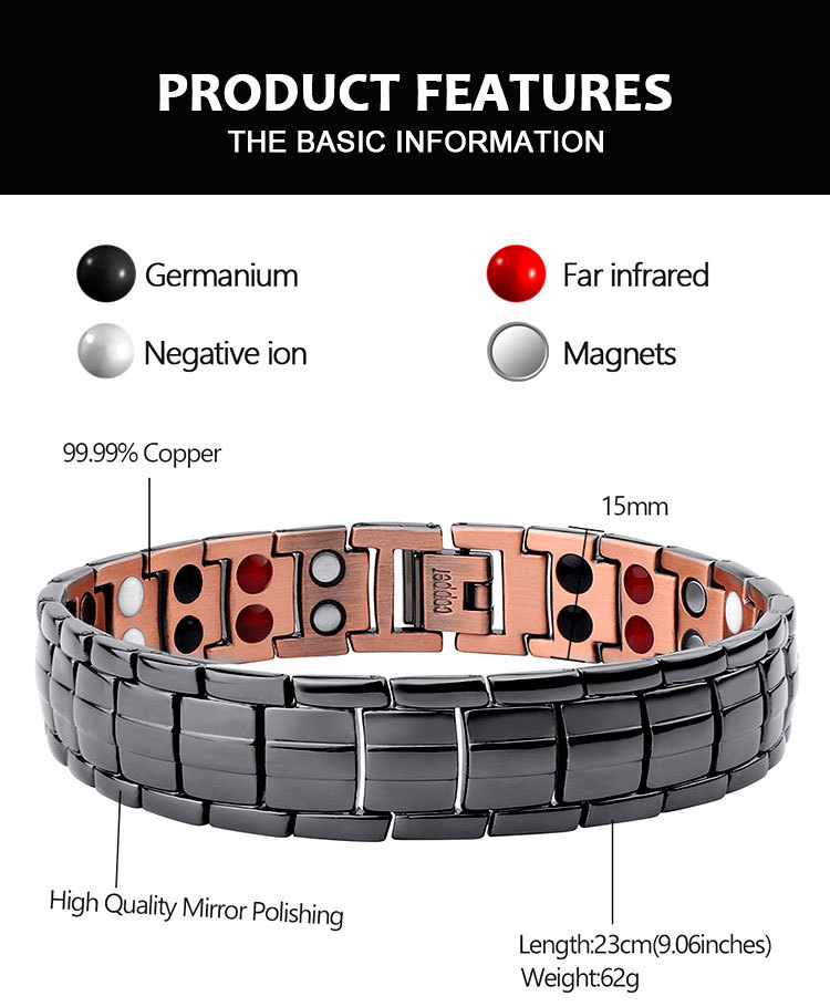 【サイズ調整可】ゲルマニウム 遠赤外線 マイナスイオン マグネット ブレスレット 磁気ブレスレット 銅 コッパー　黒_画像2