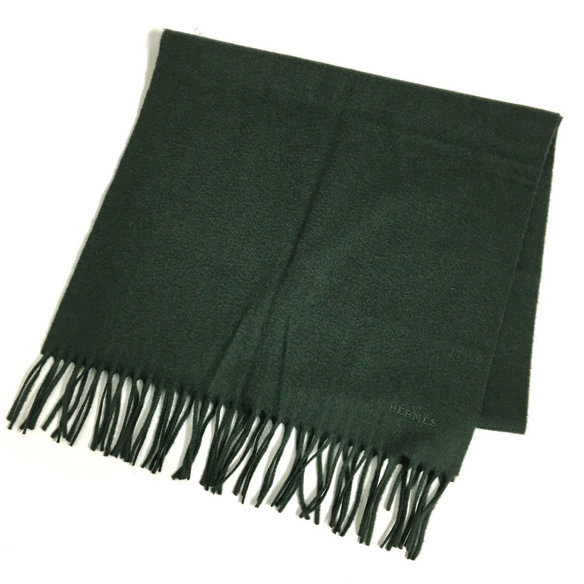 極美品□HERMES/エルメス ロゴ刺繍入り カシミヤ100% フリンジ