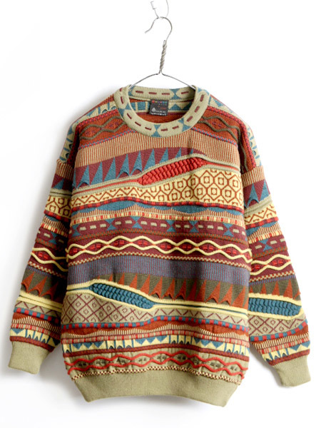 90s オーストラリア製 希少サイズ S ■ EMAROO 3D 立体編み 長袖 ウール ニット セーター ( メンズ ) 古着 90年代 エマルー オールド 総柄_画像1