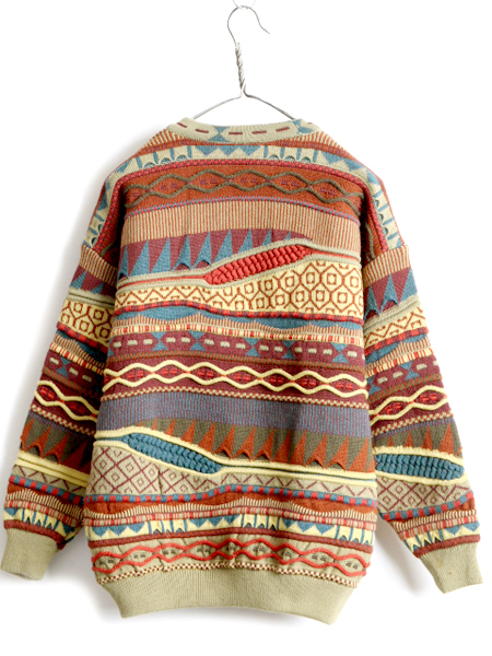 90s オーストラリア製 希少サイズ S ■ EMAROO 3D 立体編み 長袖 ウール ニット セーター ( メンズ ) 古着 90年代 エマルー オールド 総柄_画像5
