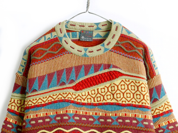 90s オーストラリア製 希少サイズ S ■ EMAROO 3D 立体編み 長袖 ウール ニット セーター ( メンズ ) 古着 90年代 エマルー オールド 総柄_画像2