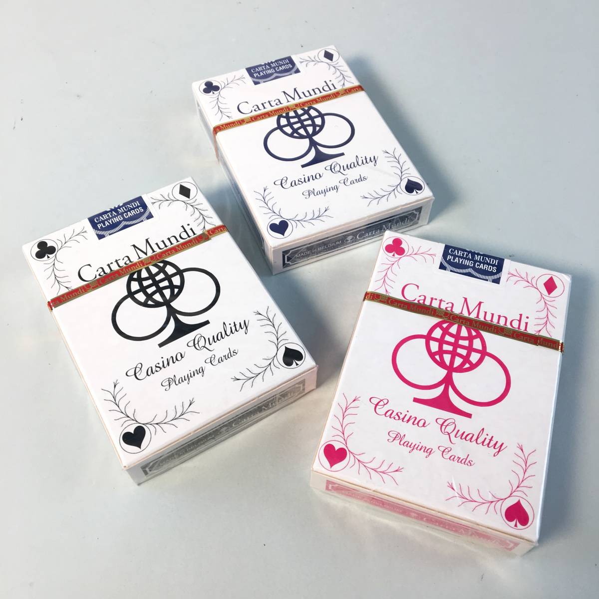 【未使用】Carta Mundi 3色×2ダース ベルギー製 トランプ 黒/青/ピンク 計24個 ポーカー カジノ 手品 PLAYING CARDS カルタムンディ 北E3.の画像3