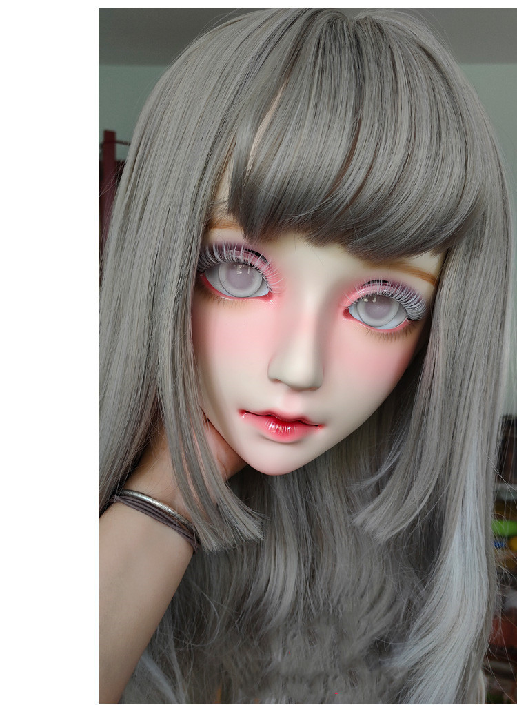 二次元美少女 コスプレマスク KIGURUMI変身 仮装 着ぐるみ 樹脂製白目 ハーフマスク ヘッドロリータ人形 眼球・髪スタイル付きの画像3