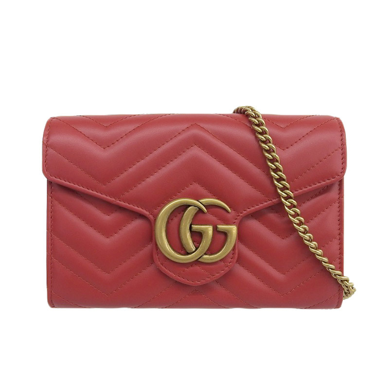 グッチ GUCCI GGマーモント ショルダーバッグ チェーンウォレット キルティング レザー レッド 474575 美品 新入荷 GU0435