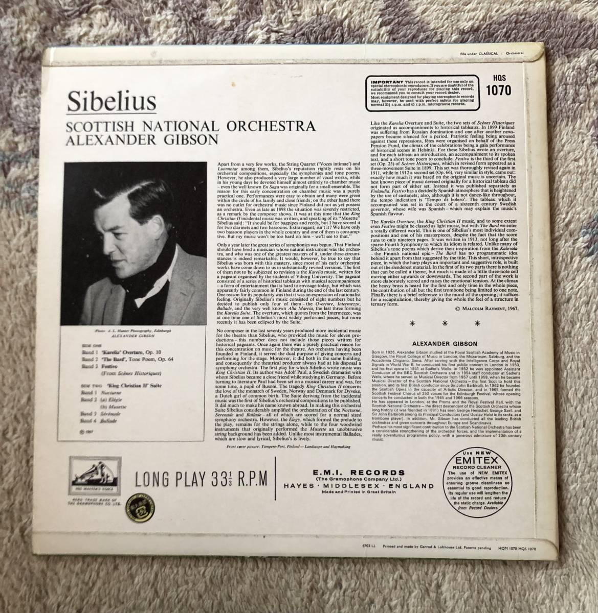 LP-Nov / 英 EMI_HMV / A.Gibson・Scottish National Orchestra / SIBELIUS_Karelia Overture, King Christian Ⅱ-Suite etc _画像2