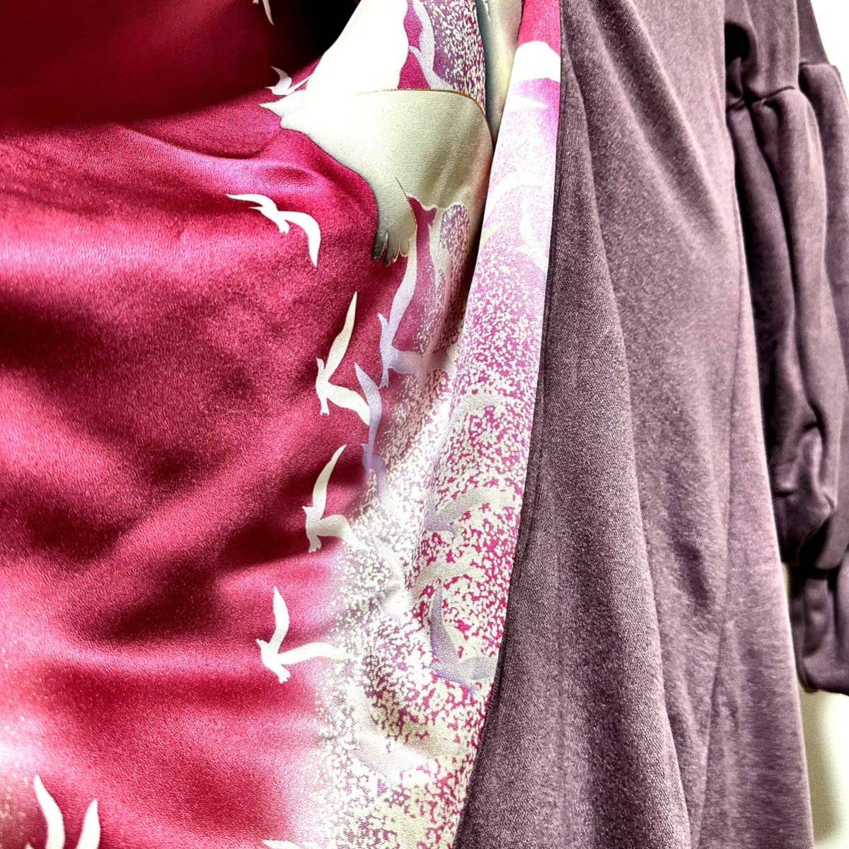 着物リメイク 秋冬 振袖 ワンピースドレス 和柄 ハンドメイド 手作り レーズンニット×赤紫白鷺 クリスマス 成人式 ママ服 衣装