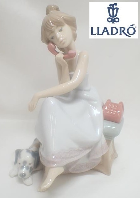 1192[TS]状態良♪◆LLADRO/リヤドロ◆フィギュリン No.5466 『大事な電話』 陶器の置物/女の子 犬