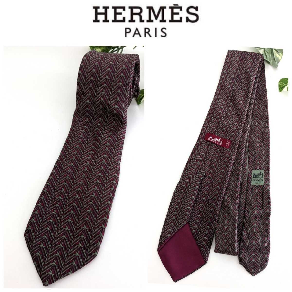 良品 HERMES エルメス ヴィンテージ 高級 上質 シルク ネクタイ 柄 archives カーキ グリーン 緑 ボルドー 赤 ワインレッド フランス製_画像1