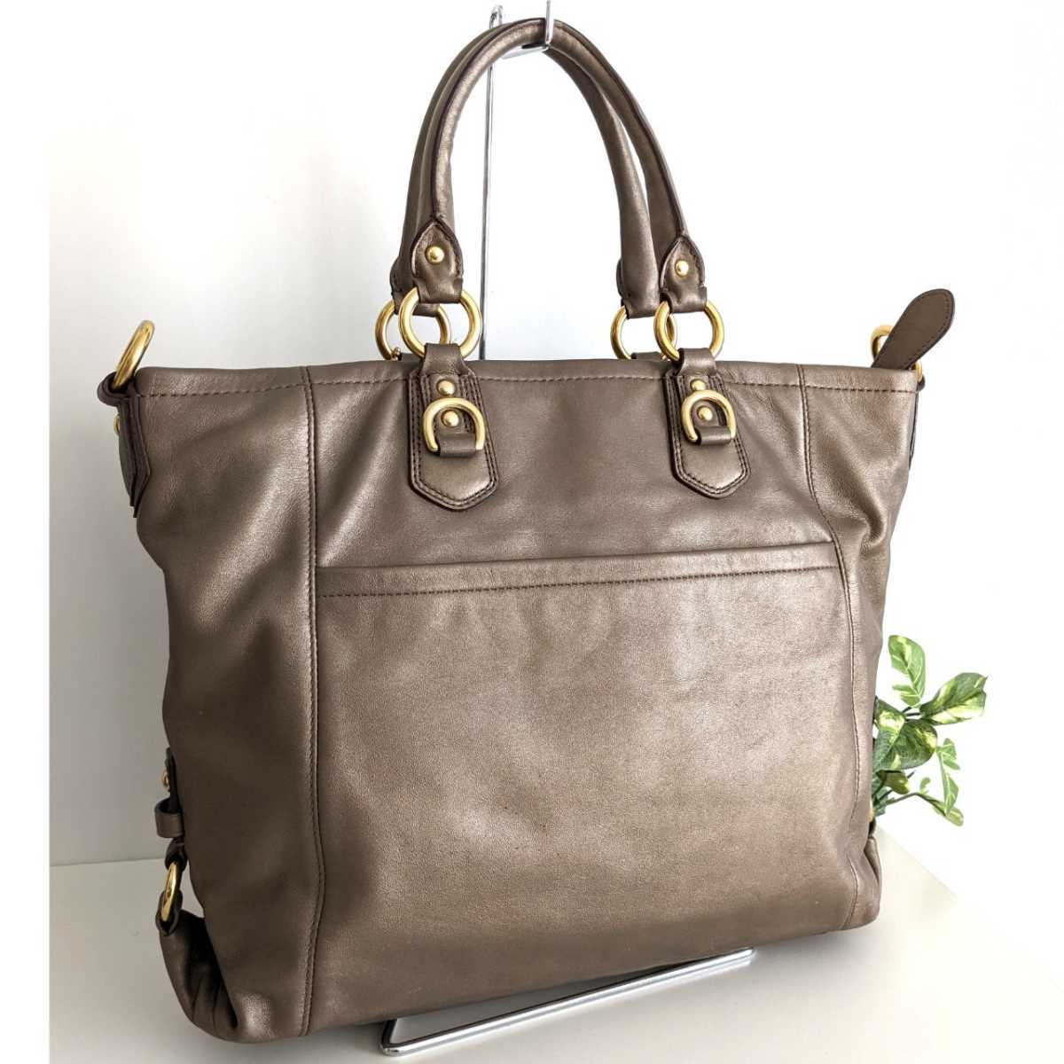  beautiful goods COACH Coach bronze fine quality leather 2way diagonal .. shoulder bag tote bag handbag bag Gold gray khaki beige 