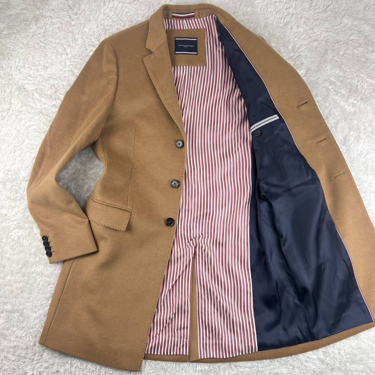 【希少XL 極美品】トミーヒルフィガー『艶やかな魅力』TOMMY HILFIGER チェスターコート ロングコート メルトンウール メンズ キャメル 50