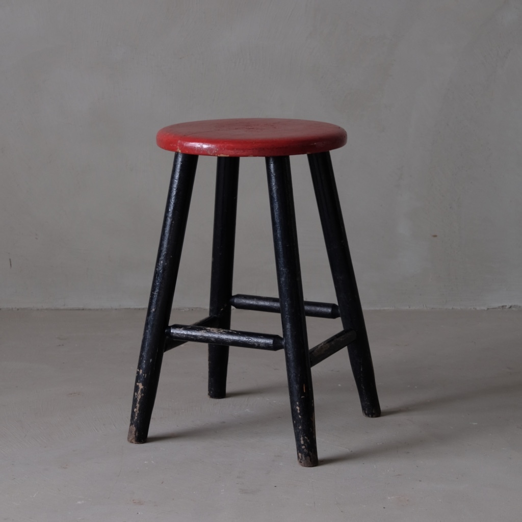 ブナ材 赤と黒の丸椅子D スツール チェア 古家具 古道具 アンティーク