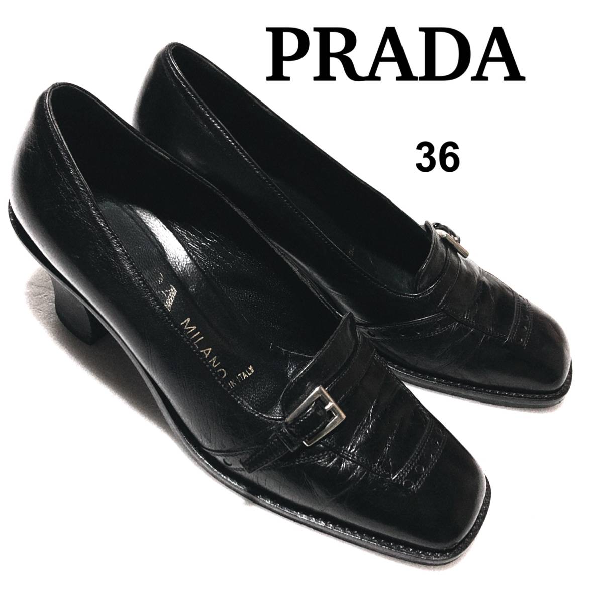 プラダ ヒールアップ レザーローファー 36/PRADA ベルトモチーフ パンプス 伊製