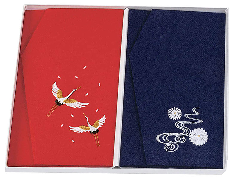  fukusa silk crepe-de-chine embroidery gold . fukusa crane ( red ).( navy blue ) vanity case entering 2 point set boxed . present . have job mail service free shipping 