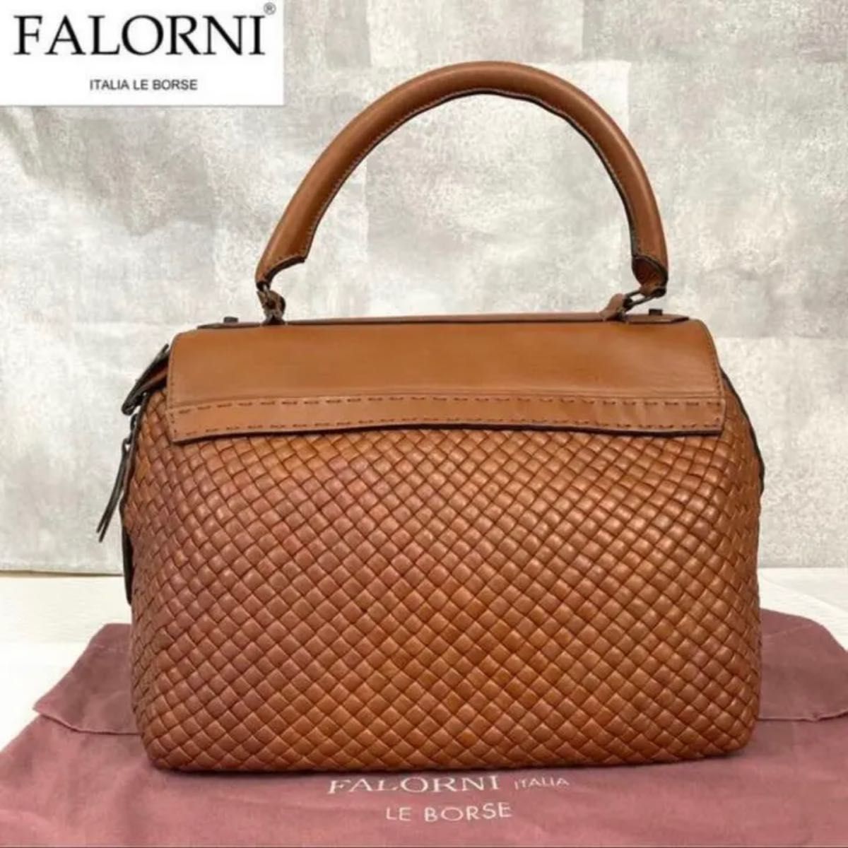 【FALORNI】ファロルニ イントレチャート キャメルブラウン ハンドバッグ イタリア製