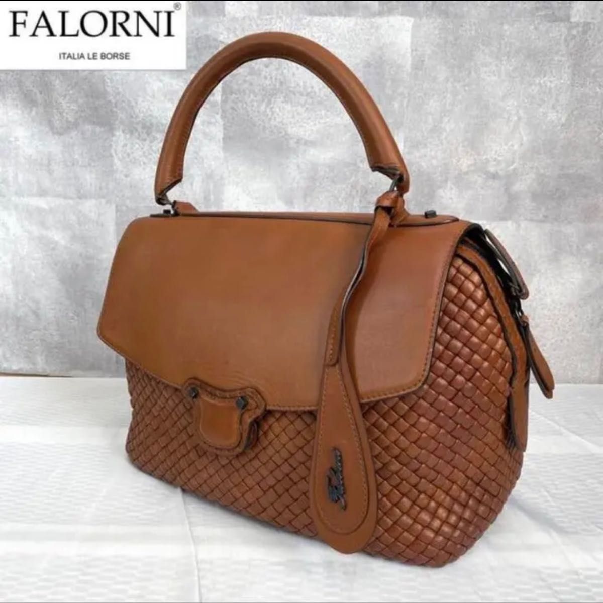 【FALORNI】ファロルニ イントレチャート キャメルブラウン ハンドバッグ イタリア製