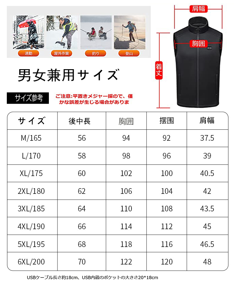 電熱服 速暖 加熱USB加熱ヒーター防寒服 前後独立設定 3段階温度調整 男女兼用 5ＸＬ/ブラック[付属10000ｍAhバッテリー]_画像7