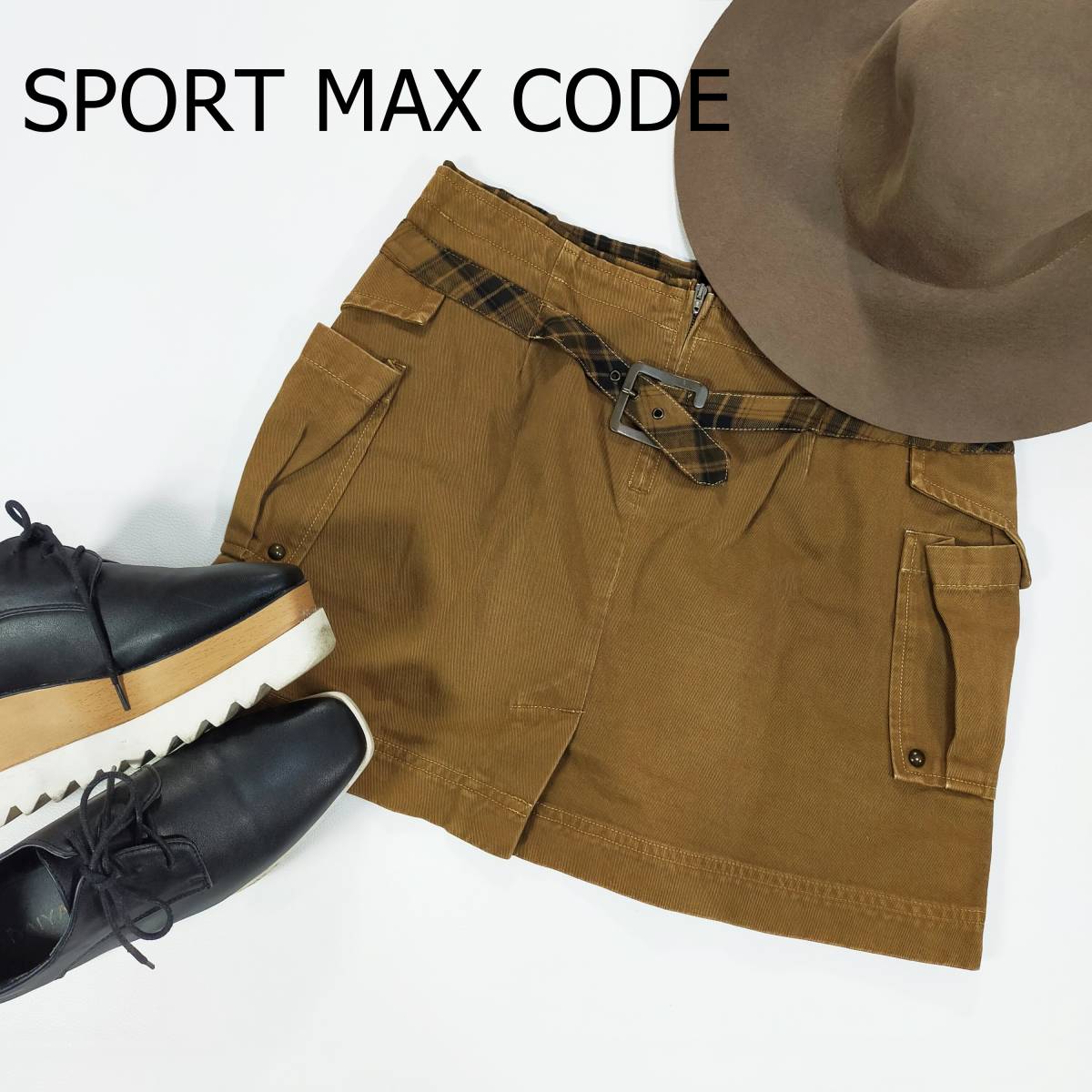 マックスマーラ SPORT MAX CODE ボックススカート サイズ40 S ブラウン 茶色 チェック ミニ丈 ポケット かわいい ベルト風 2042