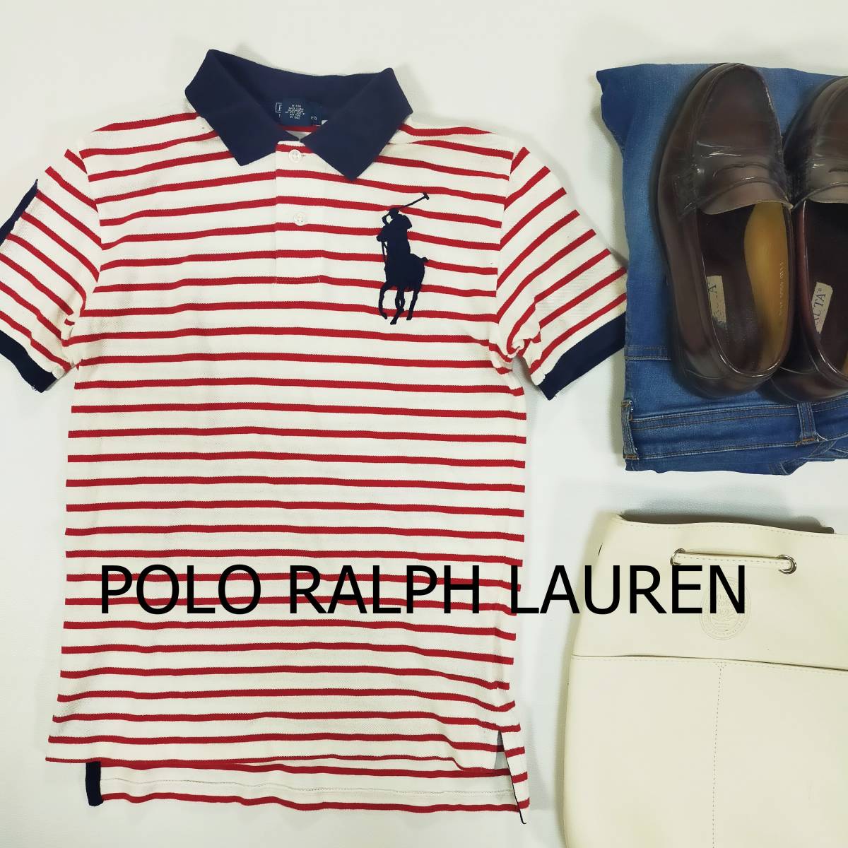 ポロ ラルフローレン POLO RALPH LAUREN ポロシャツ サイズM レッド ネイビー 赤 紺 ボーダー ビッグロゴ 半袖 刺繍ロゴ ハーフボタン 2025