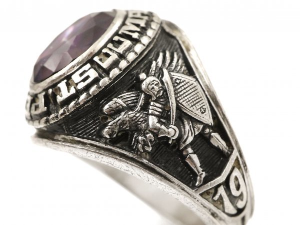 1979 год JOSTENS Vintage серебряный производства кольцо "college ring" . рыцарь фиолетовый p ритм камень кольцо 