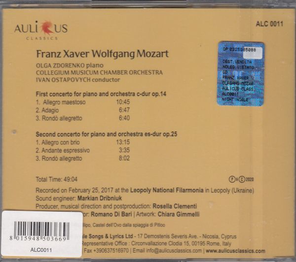 [CD-R/Aulicus]F.X.W.モーツァルト:ピアノ協奏曲第1番ハ長調Op.14他/O.ズドレンコ(p)&I.オスタポヴィチ&コレギウム・ムジクム室内管弦楽団_画像2