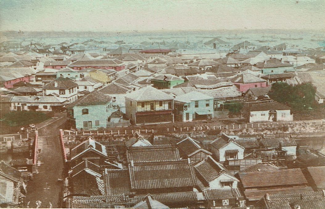 小判手彩色古写真　横浜 元町百段上から市街鳥瞰　明治期