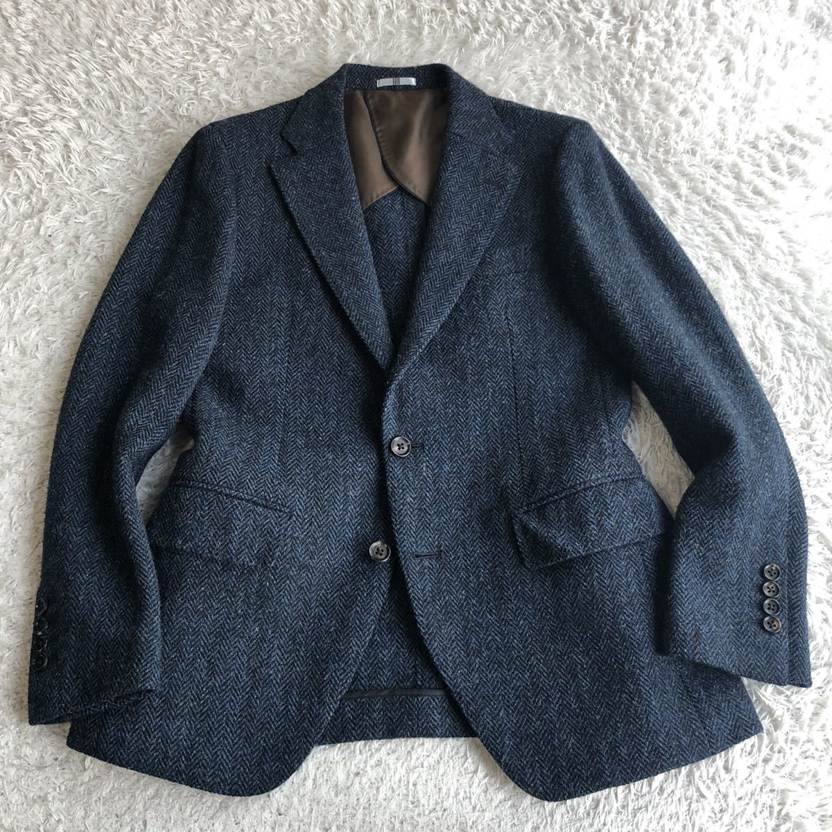 スーツセレクト ハリスツイード ジャケット ネイビー ヘリンボーン 裏地 チェック Y4 Sサイズ相当