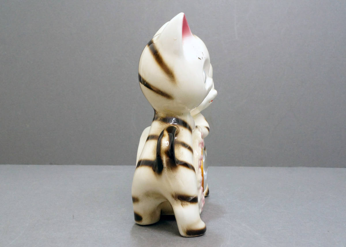  Showa Retro fancy ceramics made cat. cup ru savings box thermometer attaching 