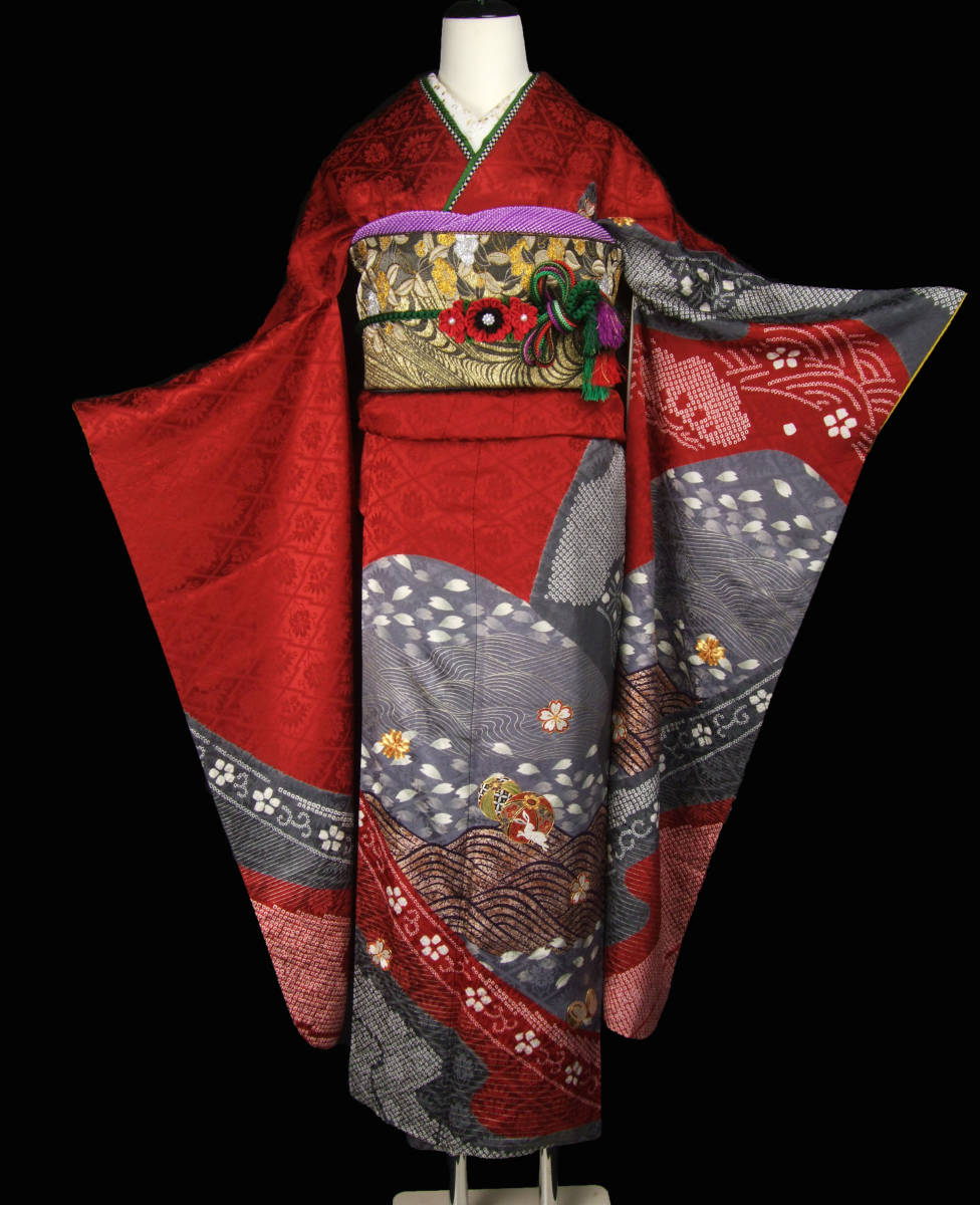 代引き手数料無料 乙女屋 h133 振袖5点セット 絞り染めと手刺繍 波兎と