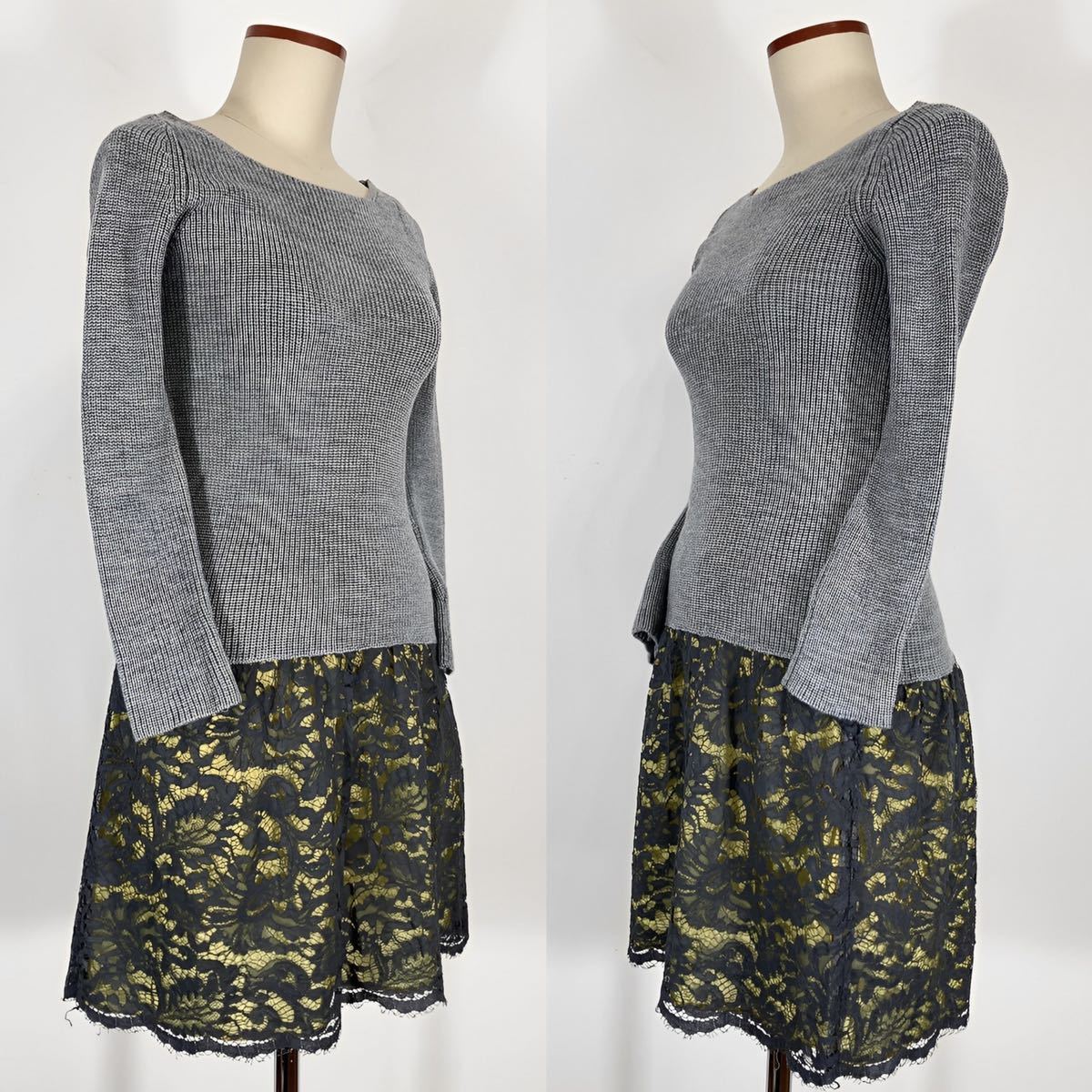 sacai luck 12AW フラワーレース ニットワンピース グレー黄2_画像2