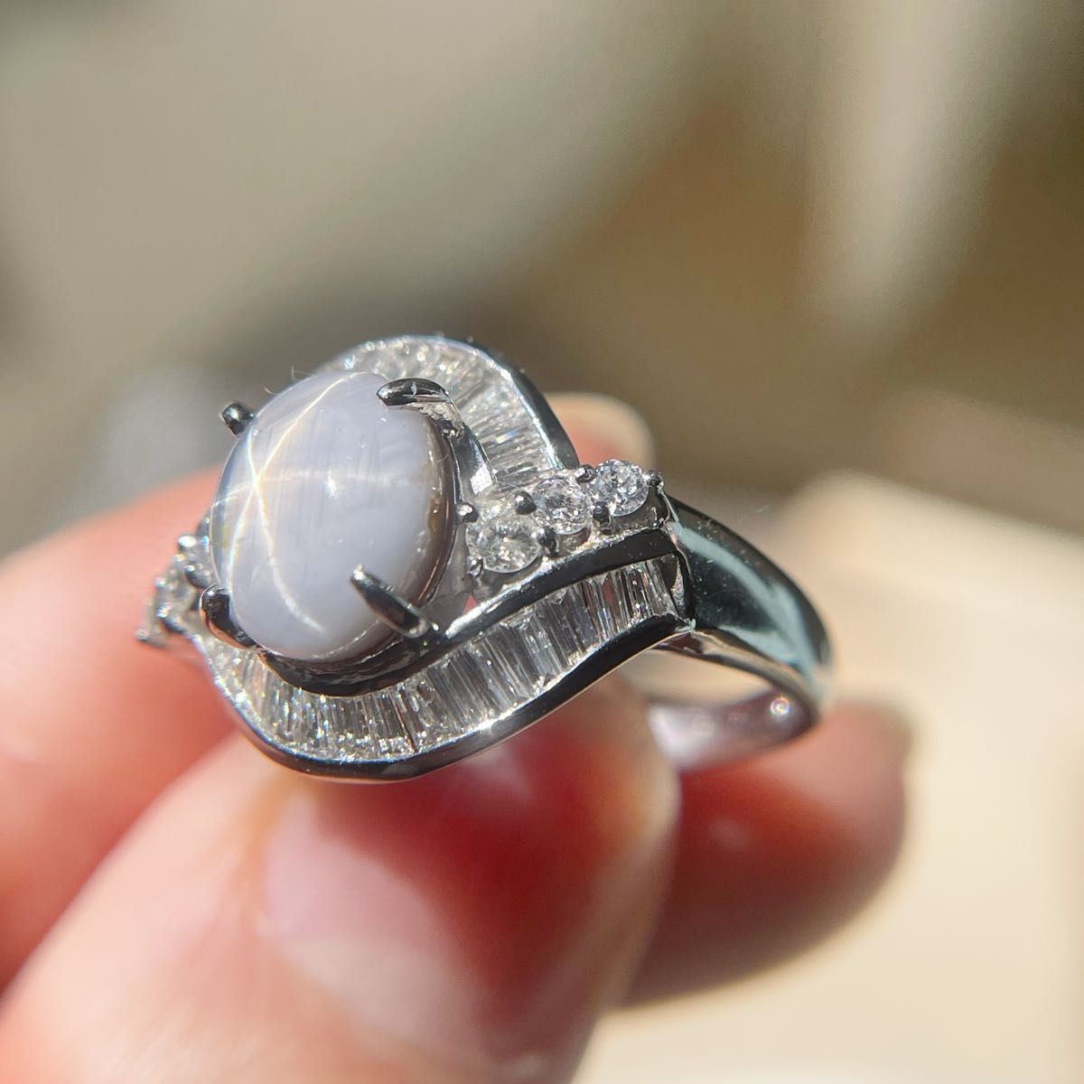 鑑別書付き新品】スターサファイア リング ダイヤモンド 3.2ct