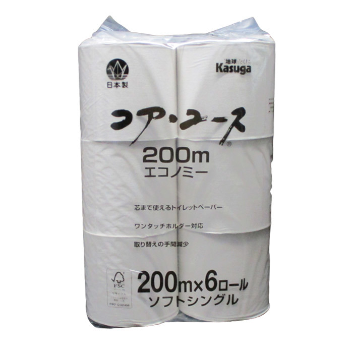 トイレットペーパー シングル 芯なし 再生紙１００％ Kasuga ２００mｘ６ロールｘ１袋_画像1