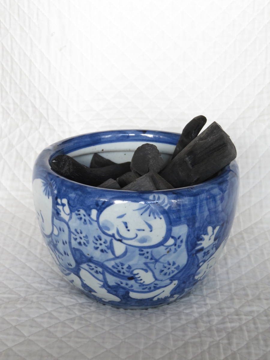 【可愛いデザイン】昭和レトロ　火鉢　陶器製　子供の絵柄　炭付き　印字アリ　詳細不明