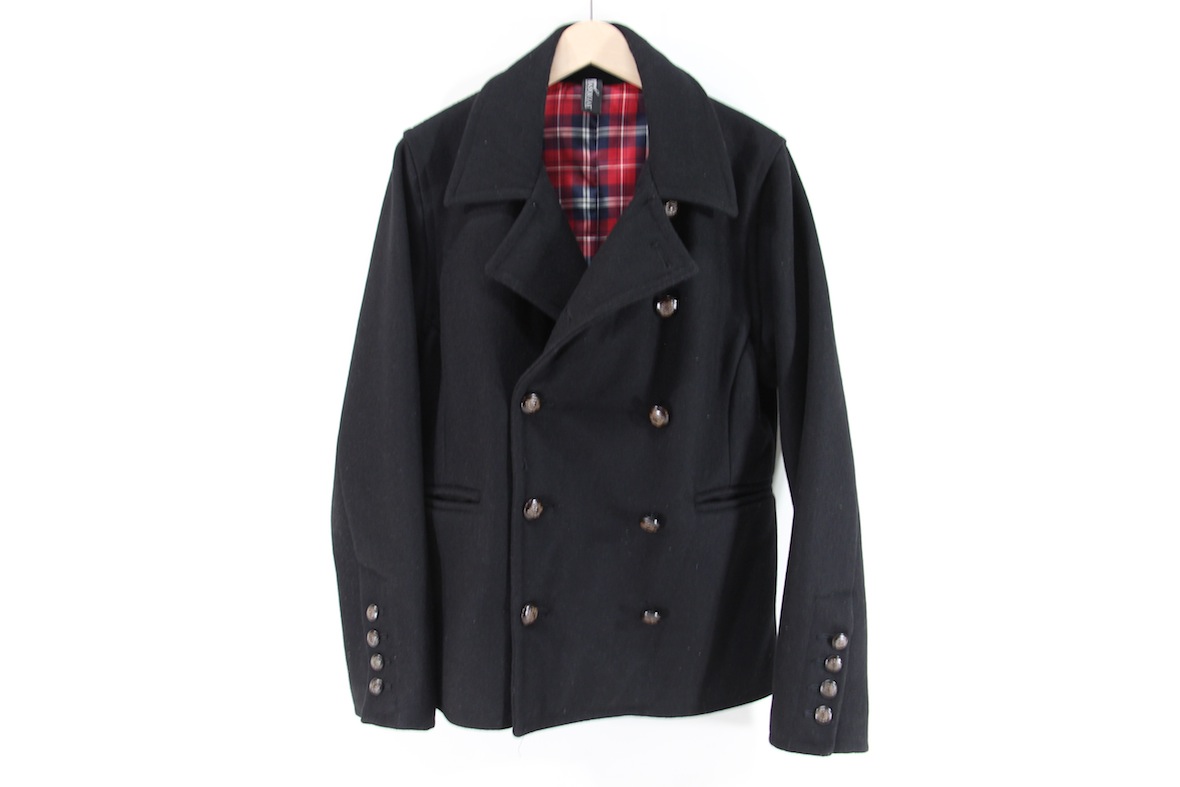 [ regular price 3 ten thousand jpy ]RAYMOND BASQUIAT pea coat 3 black black check pattern lining jacket Raymond bus Kia wool Pilot coat 