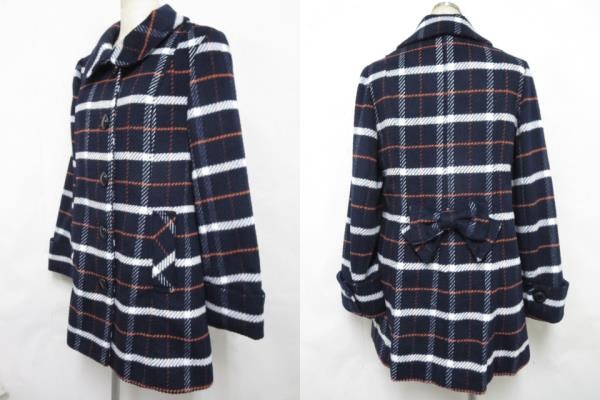 [ free shipping ][ new goods unused ] powder shuga-POWDER SUGAR lovely turn-down collar coat check pattern navy blue M size 9#L16518AWS18-1711103-10-3