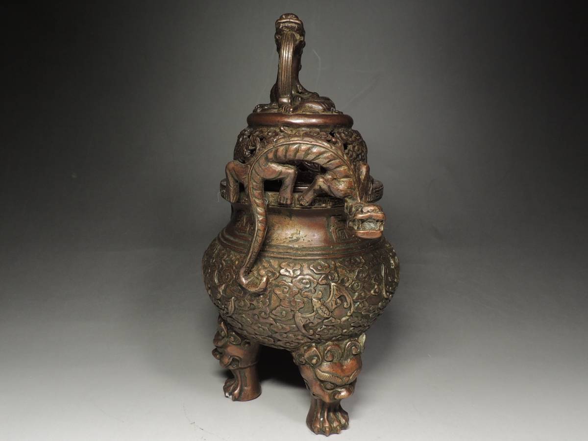 □中国古玩□古銅・乾隆年製・龍双耳・三足香炉・獣足・在印在銘・唐物