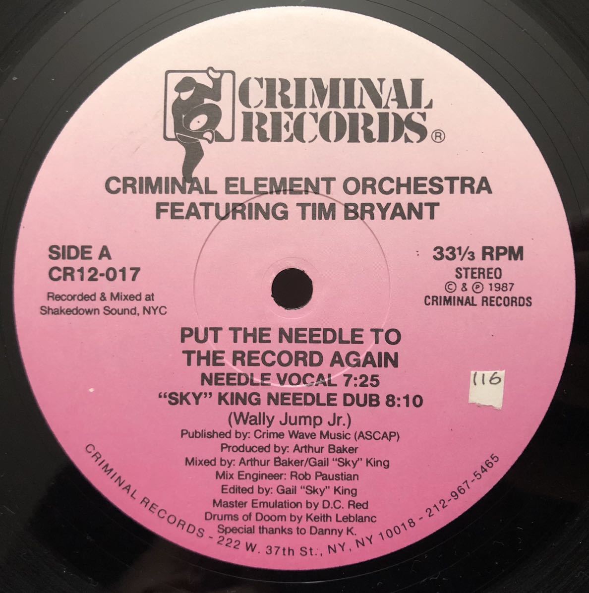 レア 倉庫出 古典 1987 Criminal Element Orchestra Featuring Tim Bryant / Put The Needle To The Record Again Original US 12 絶版_画像1