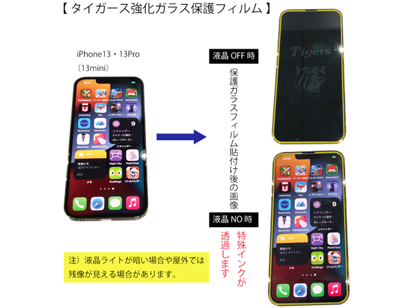 タイガース公認デザイン 強化ガラス 保護フィルム iPhone 13 13Pro 14 6.1インチ 8H 極薄 高品質 コーティング加工 ネコポス 送料無料_画像2