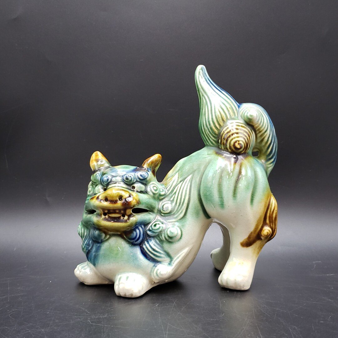 夫婦獅子 獅子 陶器製 置物 狛犬 シーサー 1対 手作り 陶芸品 オブジェ 緑 青 グリーン ブルー インテリア 飾り 和風 和雑貨【80s974】_画像5