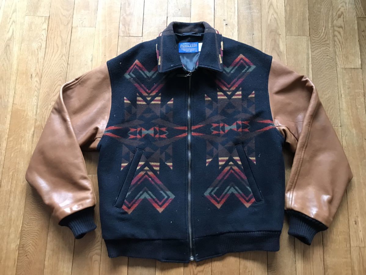 usa製　PENDLETON 袖革　ウールジャケット M ペンドルトン ネイティブ柄 スタジャン ビンテージ ブルゾン