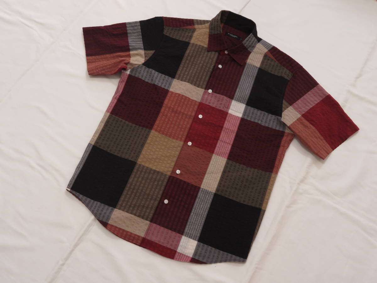 ブラックレーベル クレストブリッジ 高級半袖チェックシャツ M　24,200円 赤系