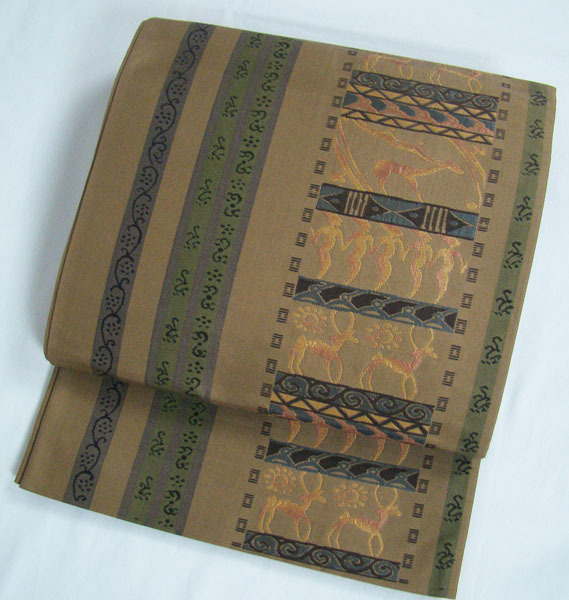 定番のお歳暮 袋帯 六通柄 古代エジプト文様柄 裏地 縞柄 正絹 10172